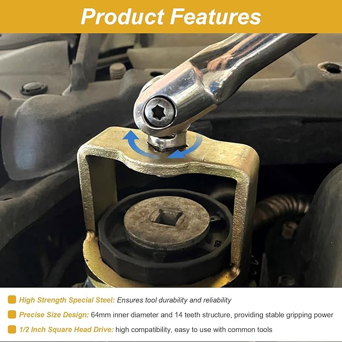 1726 Oil Filter Wrench Removal Tool Compatible with Toyota, 64mm x 14 Flute, 1/2" Square Drive Fit for Toyota, Nissan, Honda, Lexus, Scion 4, 6, 8 Cylinder Engines