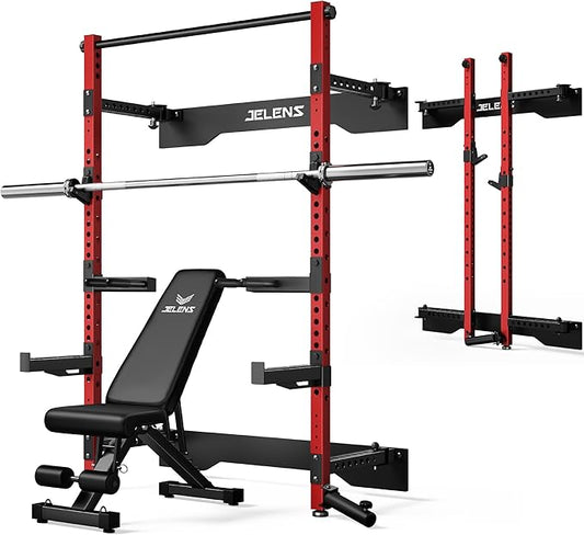 Folding Squat Rack, Wall Mounted Power Rack for Home Gym, Space Saving Multi-Functional Power Cage with Attachments