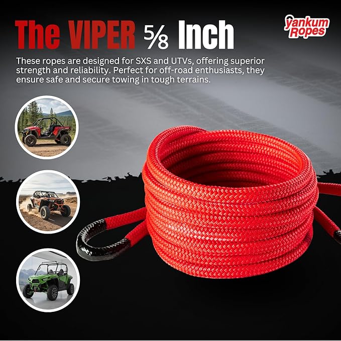 Yankum Kinetic Recovery Rope - Heavy Duty 5/8" x 20' Tow Rope, Off-Road & Vehicle Recovery, Kinetic Energy Ropes for 4x4, Jeep, and Trucks, Made in USA – Viper Series