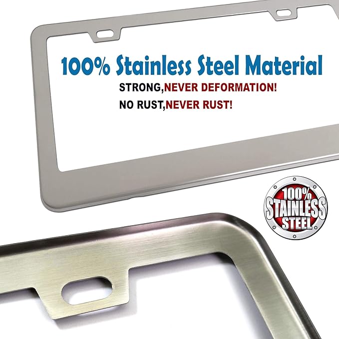 BGGTMO Stainless Steel License Plate Frames- Heavy Duty Metal Car Tag Cover for Front & Rear, 2 Pack Slim Holders with Chrome Screws Caps for Women/Men, Rust/Rattle Proof Pads, Tire Valve Stem Caps