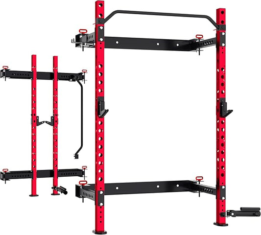 MU 2" x 2" Folding Squat Rack, 1100LBS Wall Mounted Power Rack with Adjustable Pull Up Bar, J Hooks, Landmine, Foldable Squat Rack for Home Gym, Garage, Training Studios (Black and Red)