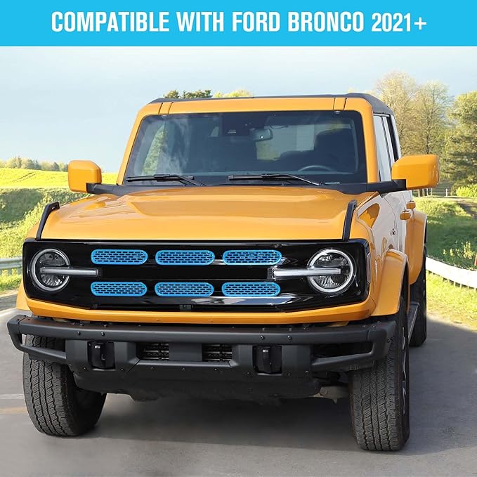 Jimen Compatible with Ford Bronco 2021-2023, 6PCS Front Grille Inserts Mesh Grill Cover Exterior Trim Accessories (Light Blue)