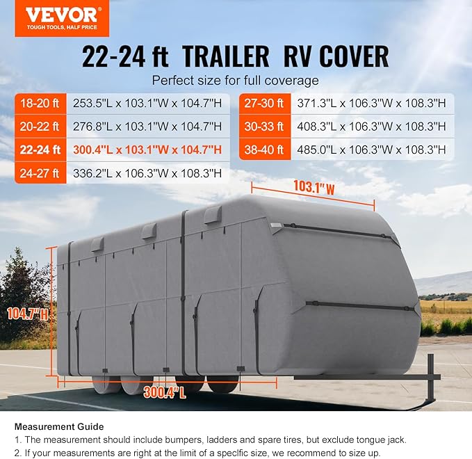 VEVOR Travel Trailer Cover, 22-24 ft RV Cover, 4-Layer Non-Woven Fabric Camper Cover, Waterproof, Windproof and Rip-Stop Class A RV Cover, with Storage Bag, Repair Patches, Straps and Tire Covers