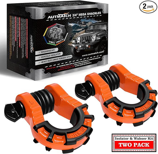 AUTMATCH D Ring Shackles 3/4" Mega Shackle (2 Pack) 68,000Ibs Break Strength - Heavy Duty Clevis Shackles with 7/8" Screw Pin and Isolator Washer for Tow Strap Winch Off Road Vehicle Recovery, Orange
