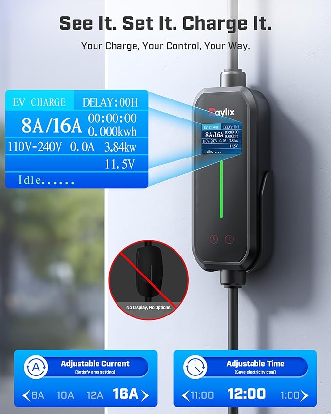 2025 Upgraded Level 1&2 Portable EV Charger, 8-16Amp Adjustable Current & Timer, 110V–240V, NEMA 5-15 & 6-20 Plug, 21Ft EV Charging Cable, J1772 Electric Car Charger for All PHEV/EV Charging Cord