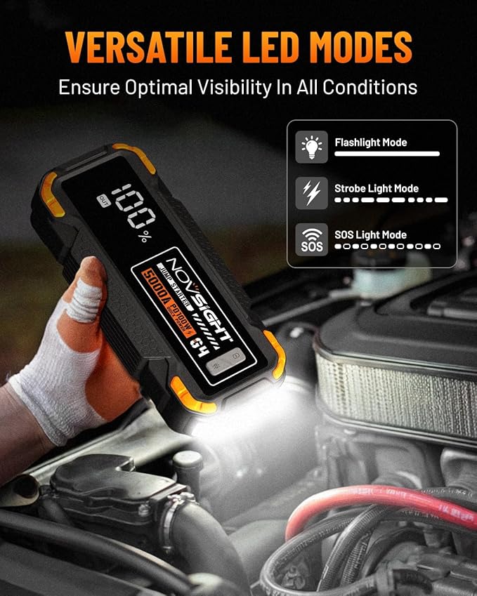 NOVSIGHT Car Battery Jump Starter - 5000A Portable Battery Jumper (12.0L Gas/10.0L Diesel) 12V Car Starter Jump Box with USB Type-C Quick Charge, Bulit-in Charge 3 Modes, Dual Color Lights(Orange)