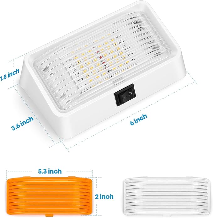 Kohree LED RV Exterior Porch Utility 320 Lumen Light with Switch 12V Replacment Light for RVs, Trailers, Campers, 5th Wheels., White Base, Included Clear and Amber Lenses Removable