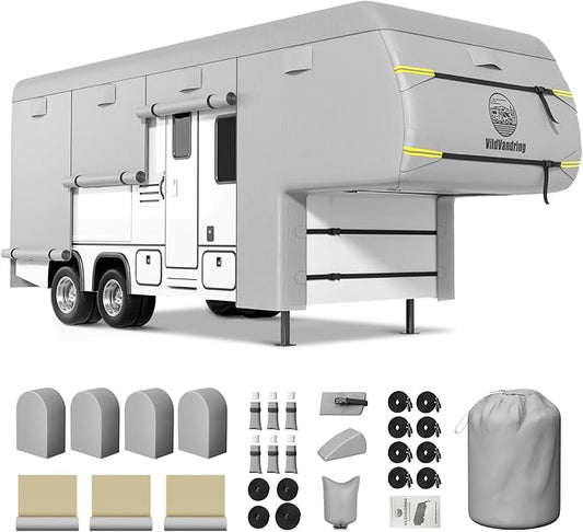 Heavy Duty Travel Trailer 5th Wheel RV Cover 26-29ft, 8 Layers Breathable Waterproof Rip-Stop Camper Cover with Adhesive Repair Patches, Gutter, Tire & Additional Straps