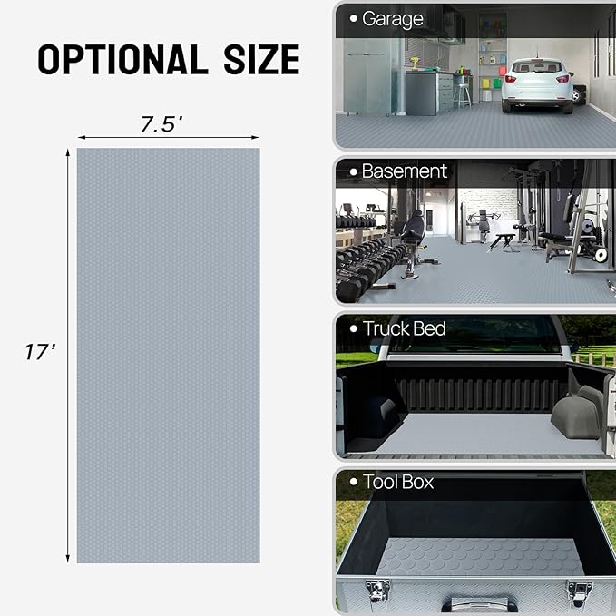 TUFFIOM 7.5x17 FT Garage Floor Mat, Coin Plate Sheet PVC Roll for Under Car Parking Protect, RV Trailer Flooring, Water/Stain Resistant Floor Runner