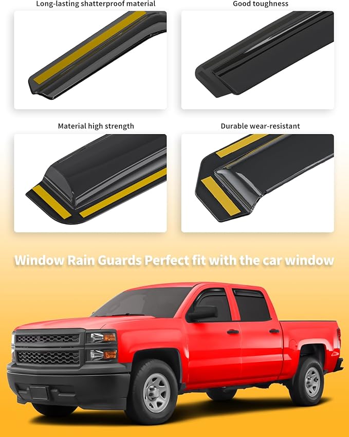 in-Channel Window Rain Guards Fit for 2014-2018 Chevy Chevrolet Silverado/GMC Sierra Crew Cab Truck Extra Durable Window Visors Window Deflectors Vent Visors Vent Shades Car Accessories-4 pcs