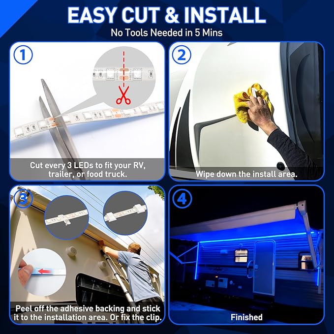 20FT RV Awning Light,12V Blue Camper Awning Lighting,Waterproof LED Strip,Exterior Underglow Lighting for RV Motorhome Travel Trailer Food Truck Outdoor Party