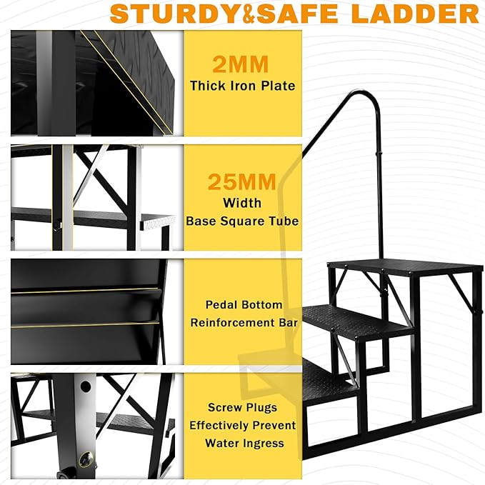 RV Steps with Handrail, Hot Tub Steps Outdoor, 3 Step Ladder Stool, RV Stairs with Anti-Slip Panel, Camper Steps for Spa, Travel Trailers, Pool and Porch