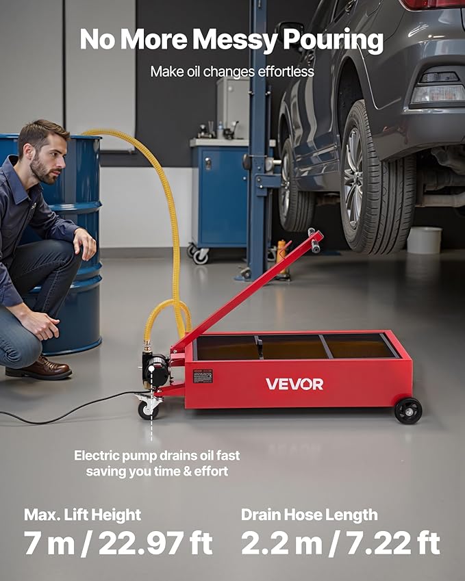VEVOR Low Profile Oil Drain Pan, 17 Gallon Capacity, Rolling Oil Drain Pan with Electric Pump, 7.2 ft Hose & T Folding Handle, Leak-Proof & Corrosion-Resistant, Fit for Cars, SUVs, Trucks, ATVs, Red