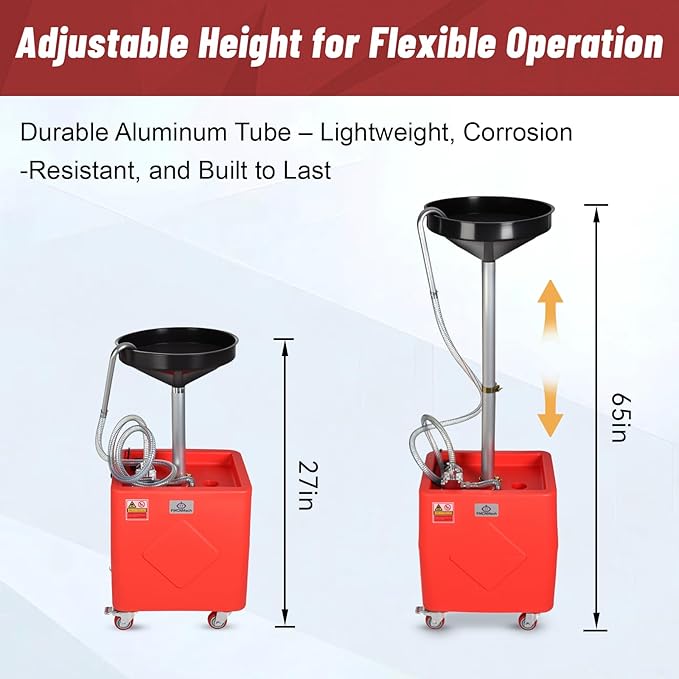 20 Gallon Waste Oil Drain Tank with 110V Electric Pump, Adjustable Height Oil Drainer, 8 GPM Flow Rate, Semi-Transparent HDPE Oil Tank with Large Funnel & Tool Tray for Garage and Auto Repair Shop