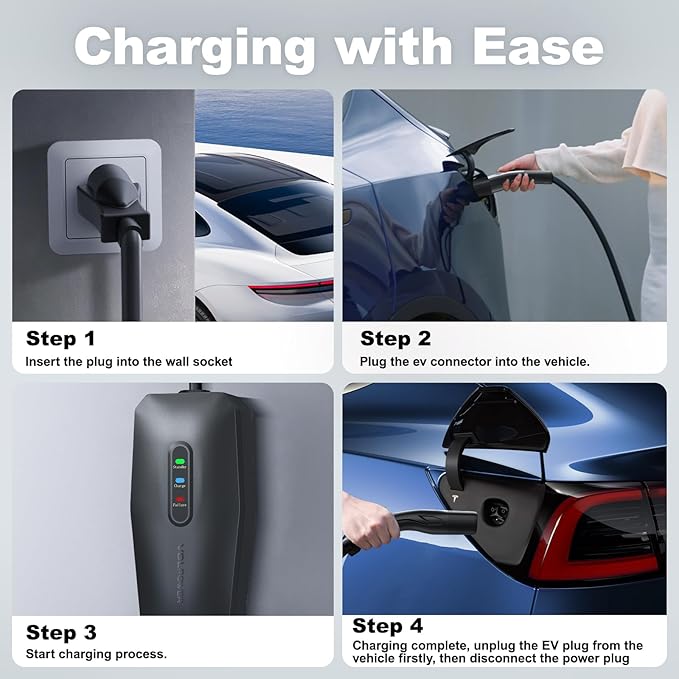 Level 1/2 EV Charger for Tesla 16Amp, Electric Vehicle Portable Charger with 28FT Cable, 3.5KW Home EV Charging Station for J1772 Electric Cars,110V-240V, NEMA 6-20 & NEMA 5-15 Plug