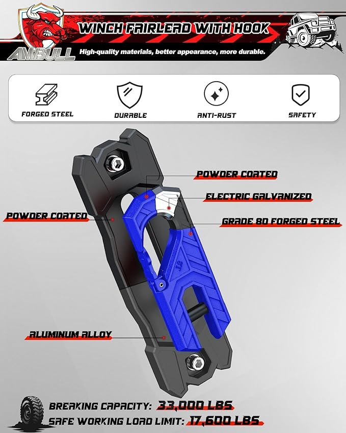 Winch Fairlead with Tow Hook, Aluminum Hawse Fairlead with Grade 80 Forged Steel Winch Hook, 33000lb Break Strength Winch Fairlead Hook Set for Off-Road Vehicle Recovery, BlackBlue