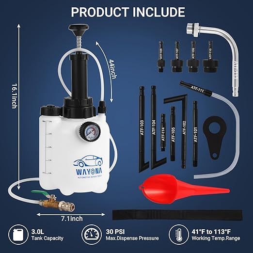 Wayona Transmission Fluid Transfer Pump 3L, 12 ATF Adapters, Manual Automotive Transmission Fill Pump Set Oil Filling Filler System Fluid Transfer Dispenser Pump Tool Kit with Pressure Gauge and Scale