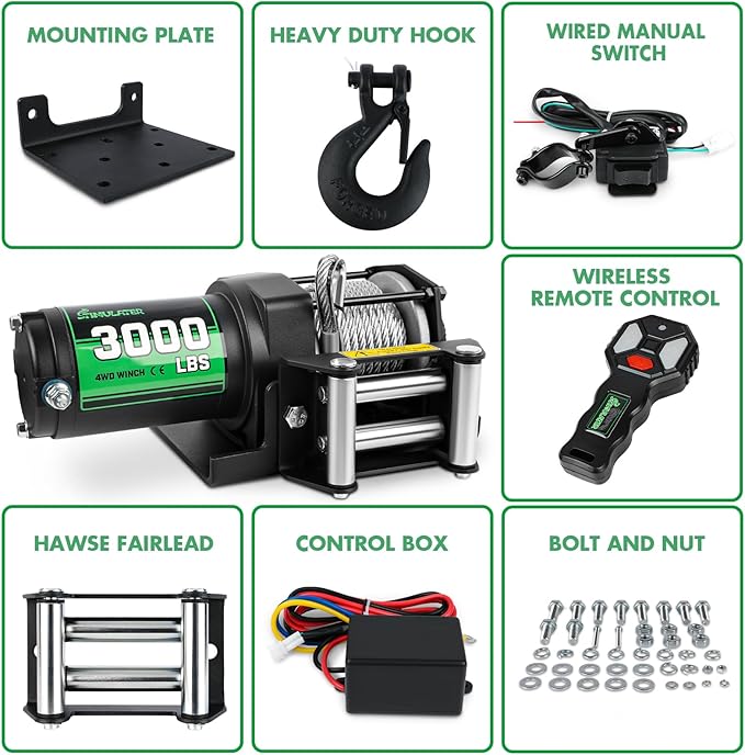 STIMULATER 3000lb ATV Winch,Electric Winch 12V,Steel Cable Winch, with Wireless Remote and Manual Switch, with Hawse Fairlead & Hook,IP67 Waterproof,Suitable for Most Trailers and ATV winchs