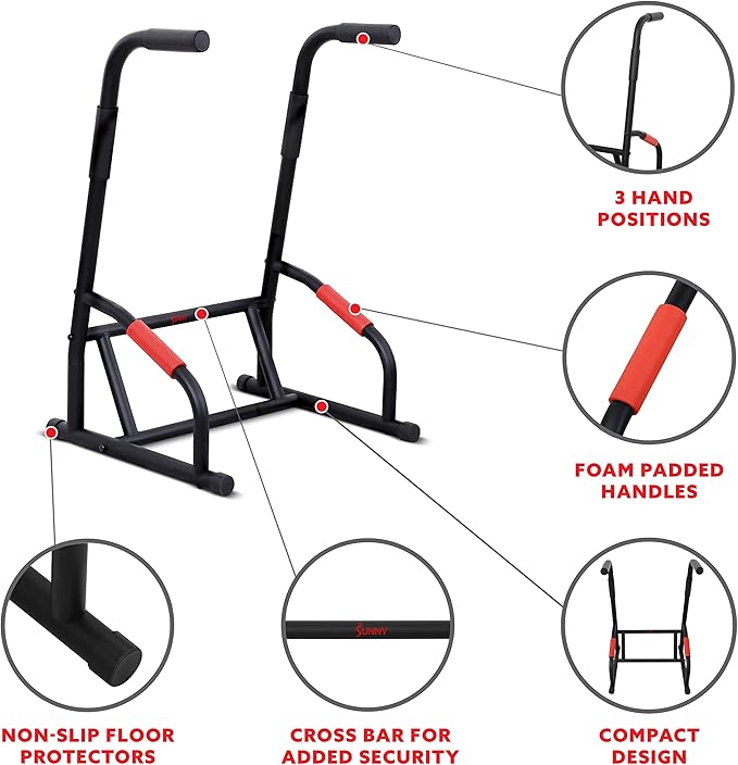 Sunny Health & Fitness Power Tower, Dip Bar, Push-Up & Pull Up Assisting Parallette Station w Optional Rock Climbing Grip Trainer