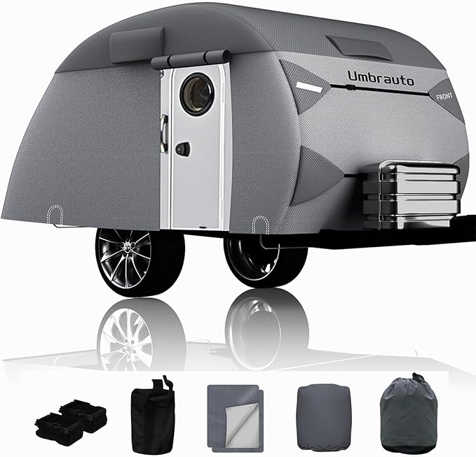 Teardrop Trailer Cover Fits 12-15 Campers, Umbrauto 7 Layers Top Heavy Duty Waterproof Camper Cover with Windproof Strap for R-Pod Trailers, Clamshell RVs
