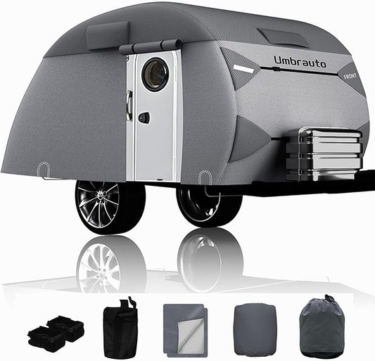 Teardrop Trailer Cover Fits 12-15 Campers, Umbrauto 7 Layers Top Heavy Duty Waterproof Camper Cover with Windproof Strap for R-Pod Trailers, Clamshell RVs