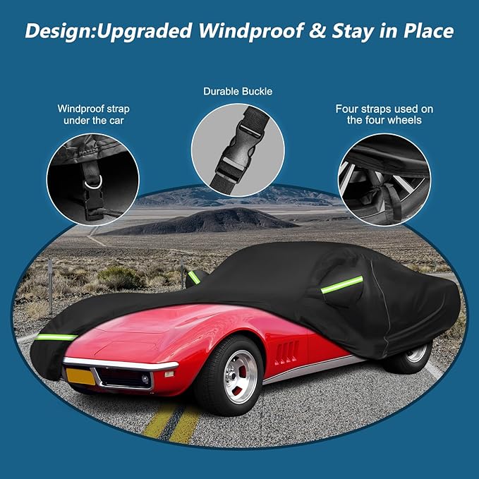 for C3 Corvette Car Cover Waterproof, Sun Heat Protection Outdoor Full Car Covers with Driver Side Zipper Windproof Heavy Duty All Weather Fit for C3 1968-1982 Chevy Corvette,Not for Rear Wing