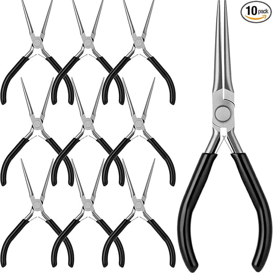 10 Pack Mini Needle Nose Pliers Bulk, 6 Inch Precision Pliers Set with Extra Long Tips for Jewelry Making, Wire Wrapping, Small Object Gripping, DIY Project(Black)