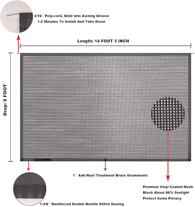 Tentproinc RV Awning Sun Shade Screen 9' X 14' 3'' (Fit for 15' Awning)- Mesh Sunshade for RV Awning Sunscreen Motorhome Camping Trailer Awning Screenshade Block UV Glare - 3 Year Warranty (Brown)