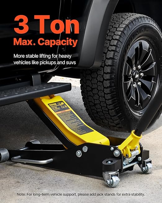 VEVOR 3 Ton Low Profile , Aluminum and Steel Racing Floor Jack with Dual Pistons Quick Lift Pump for Sport Utility Vehicle, Lifting Range 3-6/11"-19-11/16", yellow,black