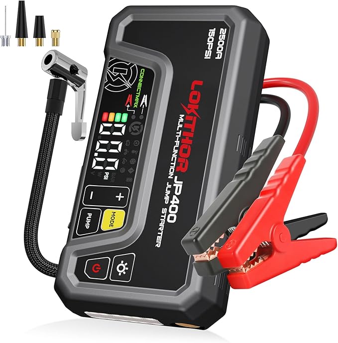 LOKITHOR JP400 Jump Starter with Air Compressor, 2500A 12V Battery Jumper Starter Portable (8.5L Gas/6.5L Diesel) with 150PSI Tire Inflator Portable Air Compressor, LED Light, ConnectMax Tech