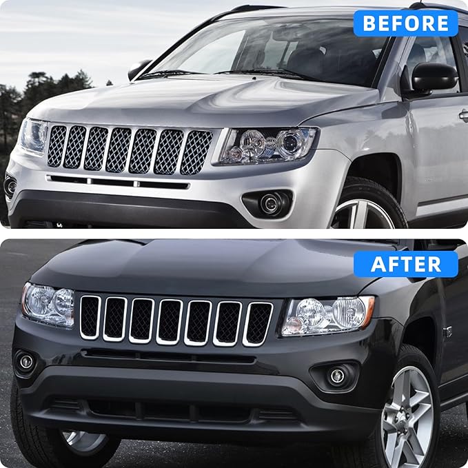 JINCHEN 7pcs Grill Mesh Inserts Clip-on Compatible with Jeep Compass 2011-2016, Front Grill Inserts Grille Cover Frame Trims (Chrome)