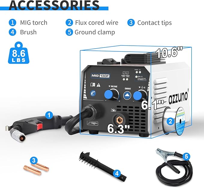 AZZUNO MIG Welder,Flux Core Welder Machine 110V 130Amp, Gasless MIG Welding Machine IGBT Inverter Welder Portable Wire Feed Welder (110V)