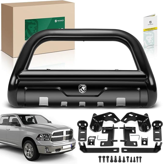 YHTAUTO 3.5" Bull Bar Push Bar with Skid Plate Light Mount Fit Dodge Ram 1500 2009-2018, Ram 1500 Classic 2019-2023, Alloy Steel Brush Guard for Truck Front Bumper Off Road Accessories