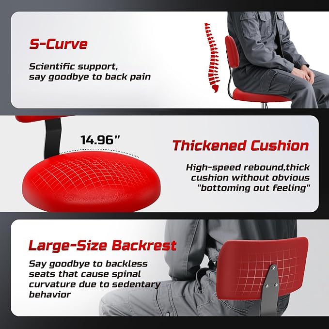 Rolling Shop Stool with Wheels, Mechanic Garage Stool Chair with Adjustable Height 15.55"-18.3", Heavy Duty Swivel Roller Seat for Garage, Salon and Tattoo Beauty, Red