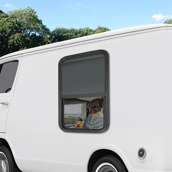 RV Window, Teardrop Vertical Slide Black RV Window, 18" W x 35" H Vertical Sliding Window Camper Trailer Window Vertical Sliding Replacement Glass W/Trim Ring