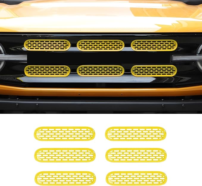 Front Grill Mesh Grille Inserts Cover Frame Trims Kit 6Pcs Fit for Ford Bronco 2021-2025+ 2/4 Door Exterior Accessories (Yellow)