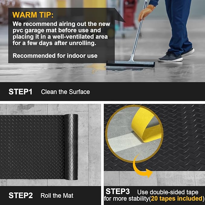 7.5x20 FT Garage Floor Mat, Flooring Roll with 20Pcs Tapes, 150 sqft Diamond Plate PVC Rubber Trailer Mat, Non-Slip Floor Mat for Garage, Warehouse, Gyms, Trailer, Pickup Truck (Black)