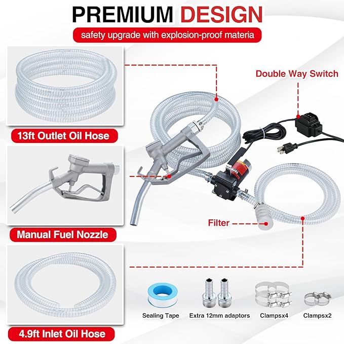 TOPWAY 110V Gasoline Fuel Pump Kit, Self-priming Oil Transfer Pump with Handle, Reversible Pumping, Overheat Protection, Explosion-Proof, Oil Hose, Nozzle for Gasoline Fuel Diesel Kerosene Removal
