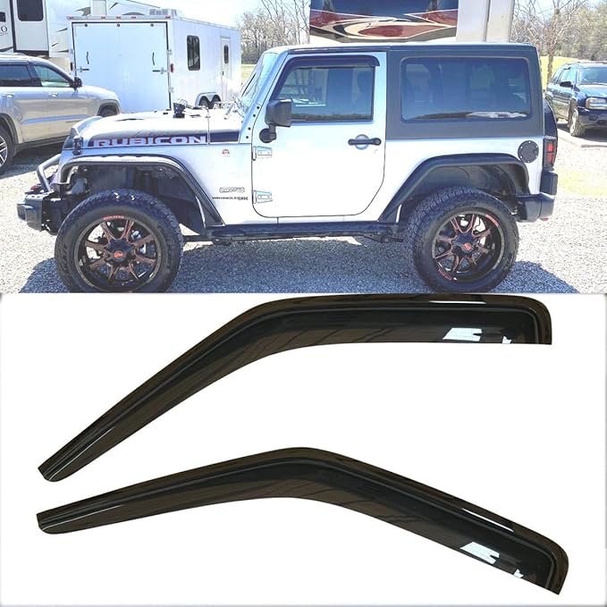 2pcs Outside Mount Style Sun Rain Guard Durable Side Window Wind Deflectors Dark Smoke Vent Window Visors Compatible with 2007-2018 Jeep Wrangler (JK)(2-Door Only) 92328