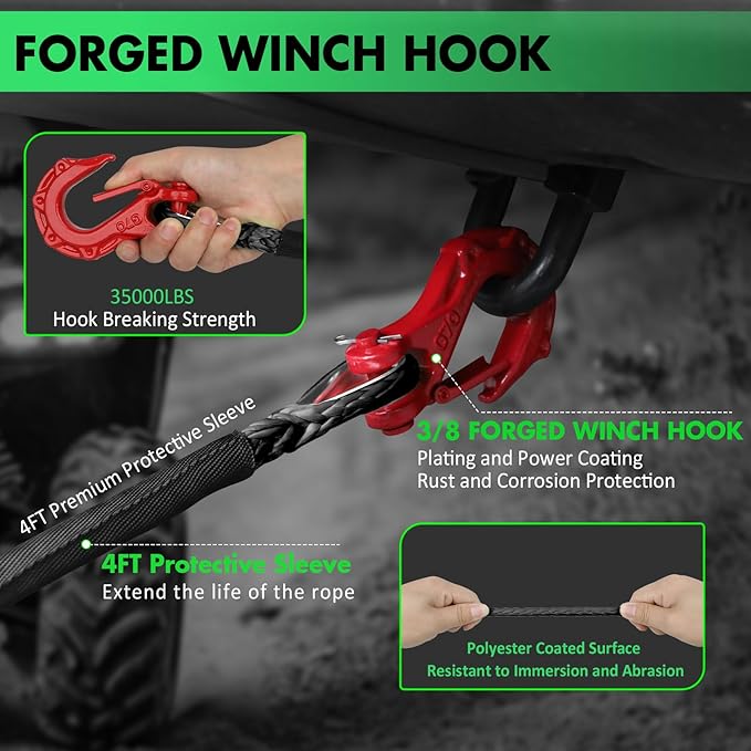 Synthetic Winch Rope, 3/8'' x 85ft 25,000LBS Synthetic Winch Line 3/8 Winch Cable Replacement Synthetic Rope with Forged Winch Hook for 4WD Off Road Vehicle SUV Truck(Black)