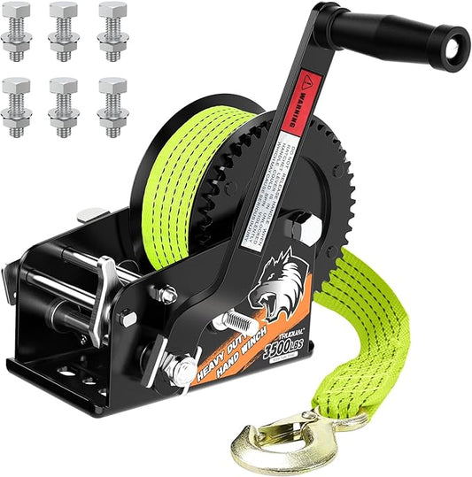 3500lbs Heavy Duty Boat Trailer Winch with 33FT Strap, 2-Way Ratchet 4:1/8:1 Gear, Portable Hand Crank Winch for Boat, Truck, Trailer, RV, ATV, Jet Ski