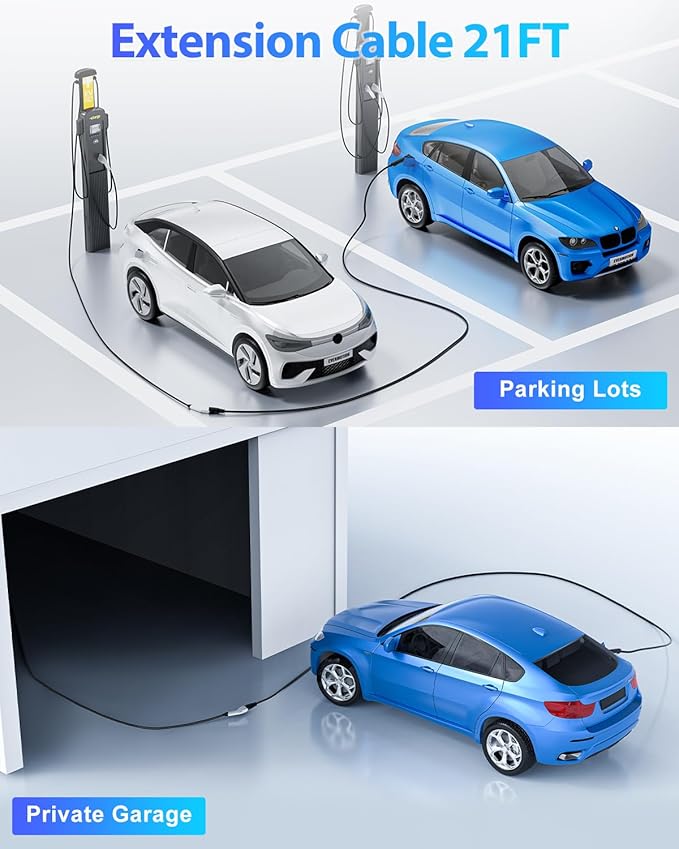 EV Charger Extension Cable, J1772 Extension Cable 40A 21FT Charging Cord for Electric Vehicle 110V-240V Compatible for All SAE J1772 Chargers (40A - 21FT)