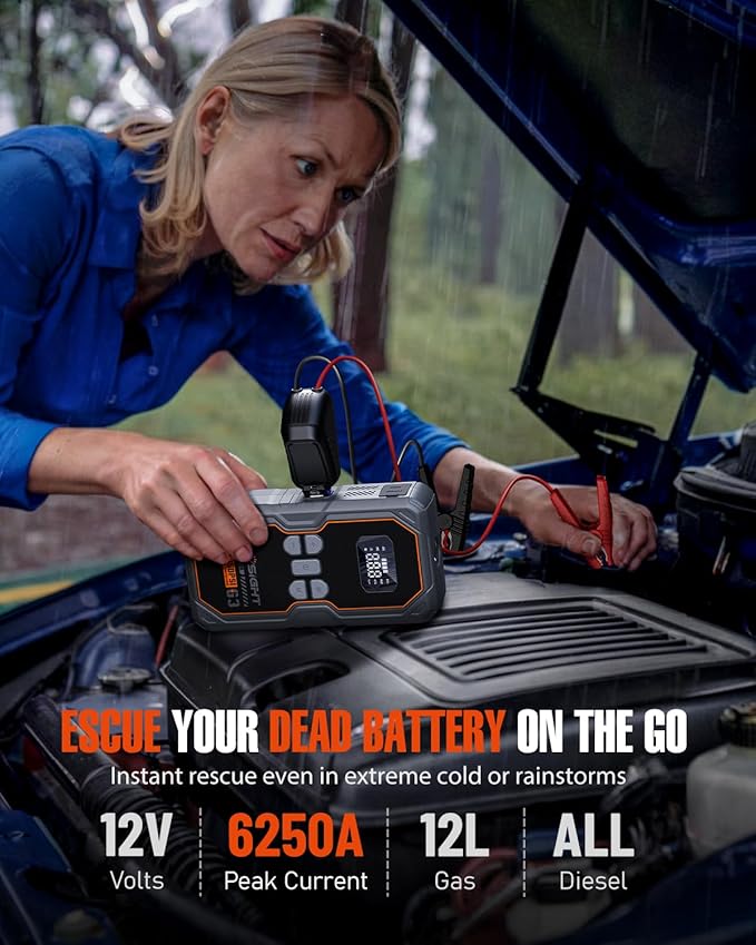 NOVSIGHT Jump Starter with Air Compressor - 6250A Portable Battery Jump Starter for Car(5L Gas/3L Diesel) 12V Car Jump Box & 150PSI Auto-Shut Tire Inflator with Carrying Case(Orange)