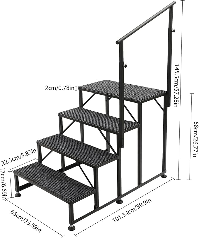 Updated Hot tub Steps & RV Steps with Single Side Handrail, 4 Steps Mobile Home Stairs Steps with 4Pcs Anti Slip Step Mats Heavy Duty Stairs for Travel Trailer, Motor Home, Camper
