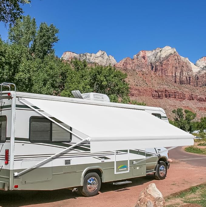 Suncode Manual RV Awning White Modular Retractable Awning Complete Kit for RV,5th Wheel,Travel Trailers,Toy Haulers,Motorhome RV Trailer Awning for Home or Camper-13x8Ft-White