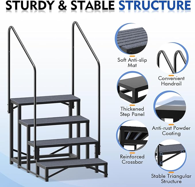 4-Step RV Steps with Dual Handrails, Heavy-Duty Mobile Home Steps, RV Stairs for Camper, Hot Tub, Pool, Trailer & Porch with Non-Slip Mats