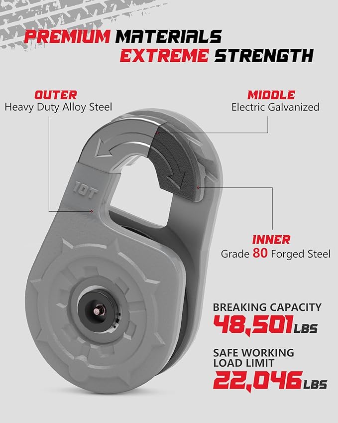 Towing Winch Snatch Block Hook, Separate Pulley Block, Tow Winch Hook, Multiple-Purpose G80 Heavy Duty Forged Winch Hook Snatch Block Pulley, 22Tons(46,051lbs) MBS, for Synthetic Rope, Gray
