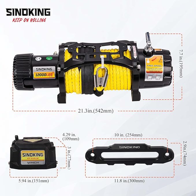 SINOKING 12V Electric Winch 12000 lb. Waterproof Synthetic Rope Offroad Winch with Wireless Remote Control for 4WD Vehicle