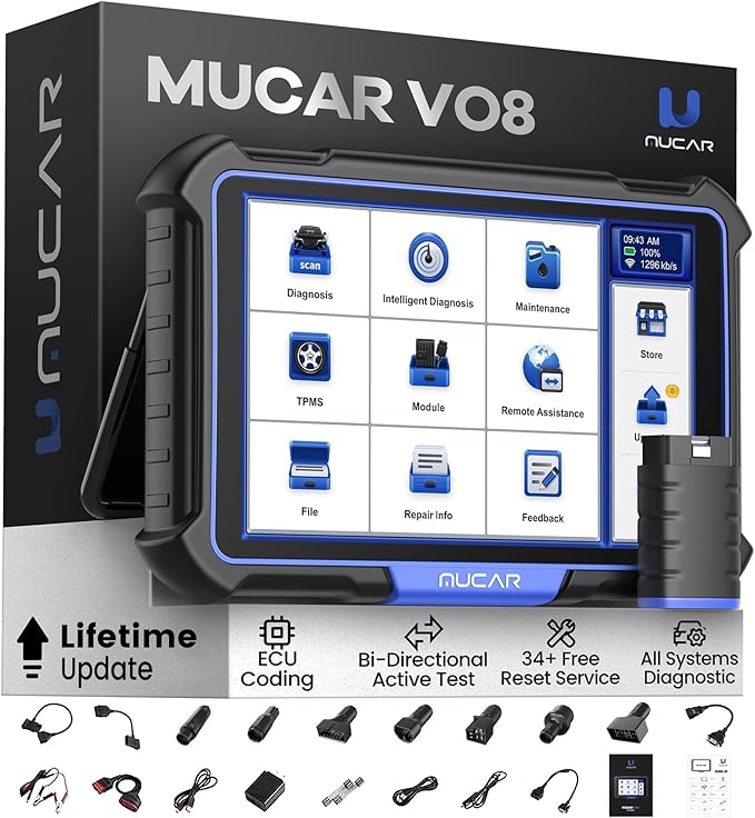 MUCAR VO8 OBD2 Scanner Diagnostic Tool with Lifetime Free Update, Full System Bidirectional Scan Tool with 34+ Reset Service, ECU Coding, 3000+ Active Test, Power Balance, Crankshaft Relearn, FCA SGW
