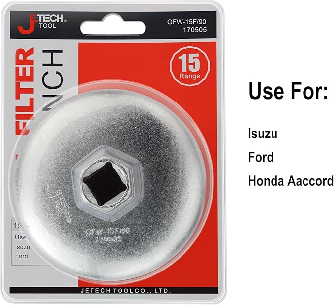 Jetech Oil Filter Cap Wrench 90mm x 15 Flute, Cartridge Type Socket Removal Tool with 15 Flutes and 90mm Inner Diameter